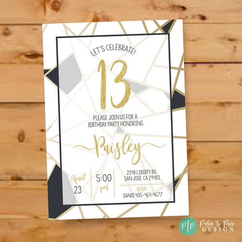 Black, white and gold geometric 13th birthday or sweet 16 invitation, personalized with name and age