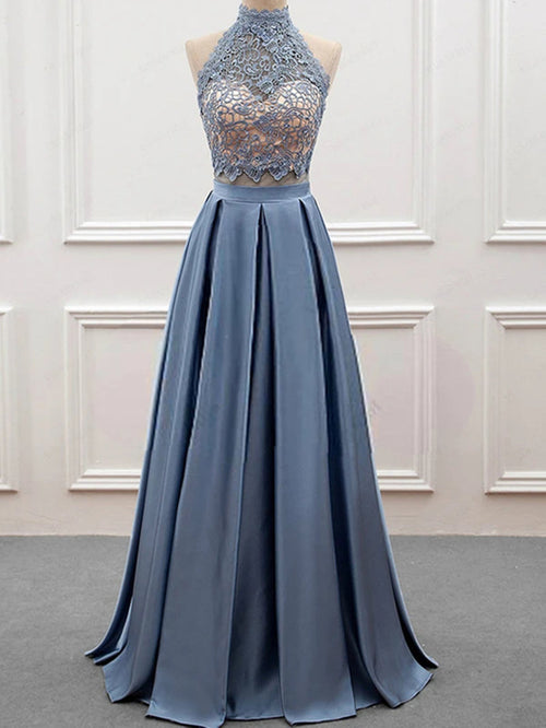 2 Pieces High Neck Blue Lace Prom Dresses, Open Back Two Pieces Blue Lace Formal Evening Dresses