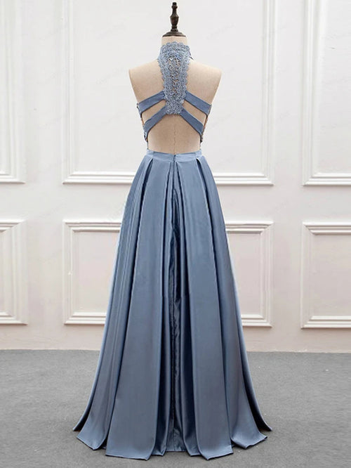 2 Pieces High Neck Blue Lace Prom Dresses, Open Back Two Pieces Blue Lace Formal Evening Dresses