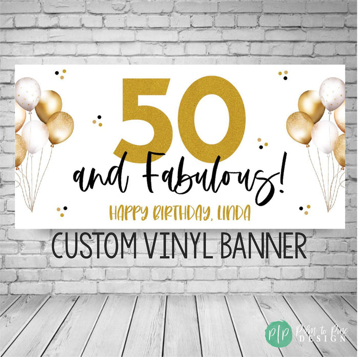 Gold and White Milestone birthday banner for 50th, 60th, 70th birthday