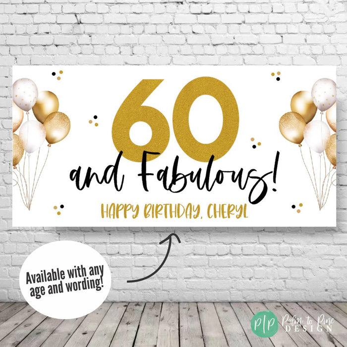 60th birthday banner for women in gold and white