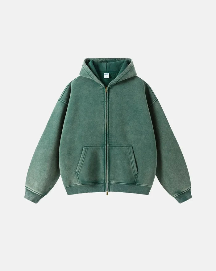 Acid Washed Distressed Fleece Zip Up Hoodies | Inflation Streetwear