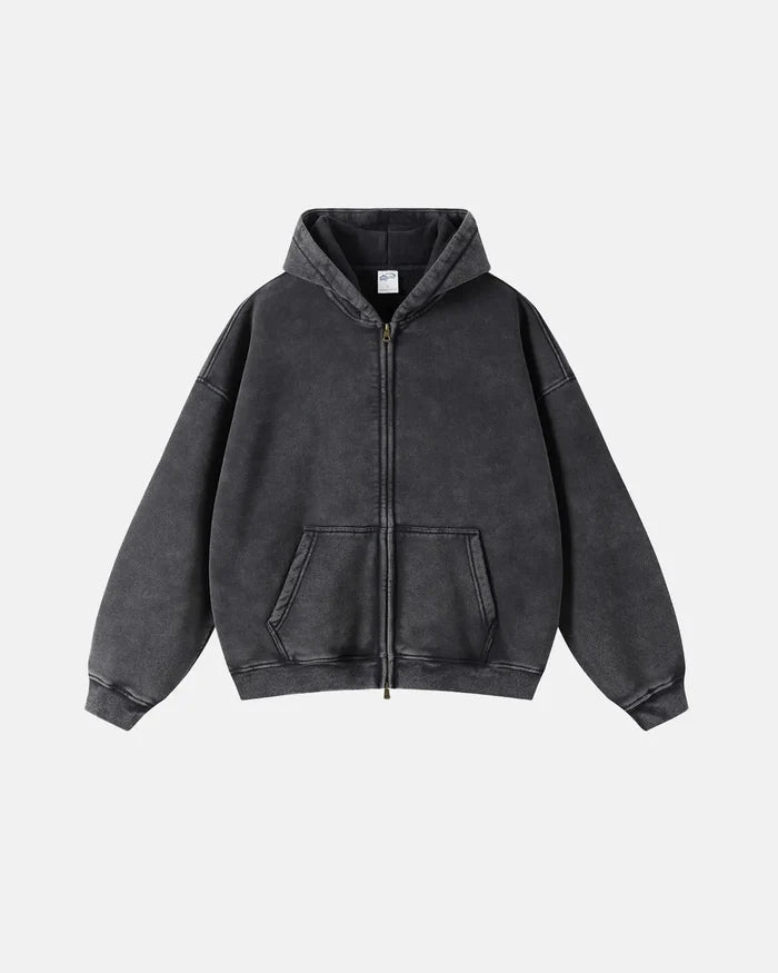 Acid Washed Distressed Fleece Zip Up Hoodies | Inflation Streetwear
