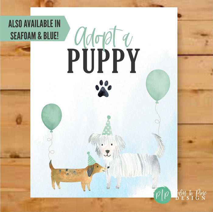 Adopt a puppy birthday party favors for kids party in seafoam green and light blue