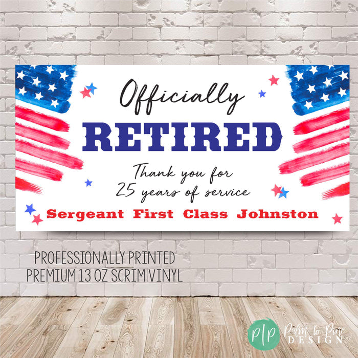personalized officially retired military all branches banner with red white and blue accents