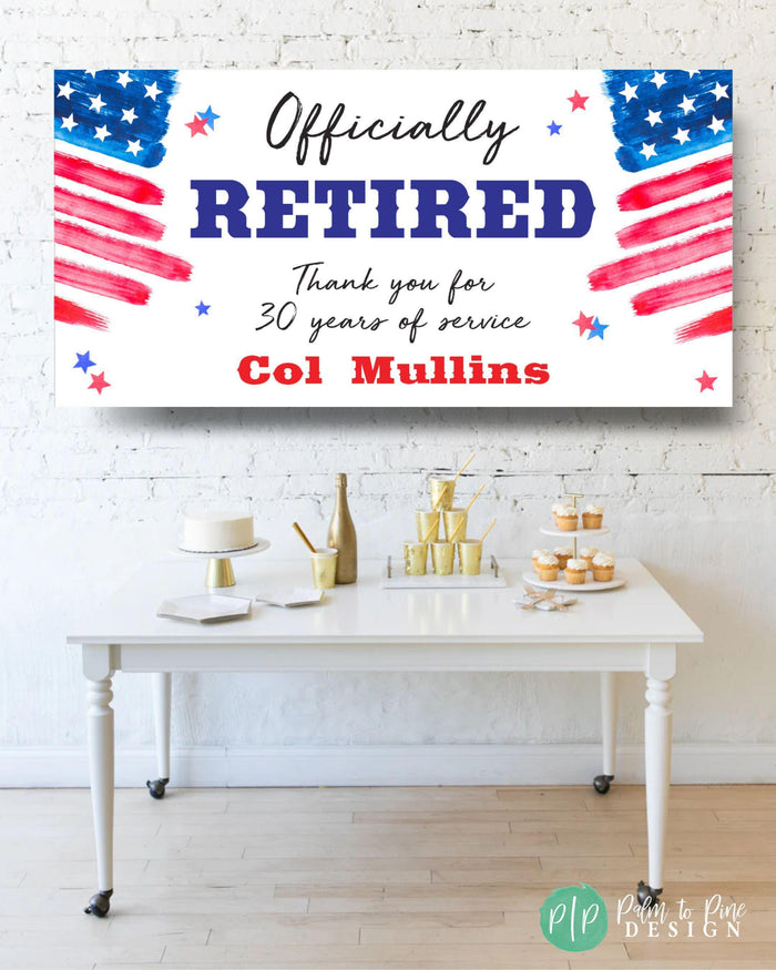 Military Retirement banner personalized with rank, name and congratulations message