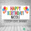 customizable happy birthday banner featuring a name in bold rainbow colors on a white background, decorated with vibrant colorful balloons and scattered confetti for a festive celebration