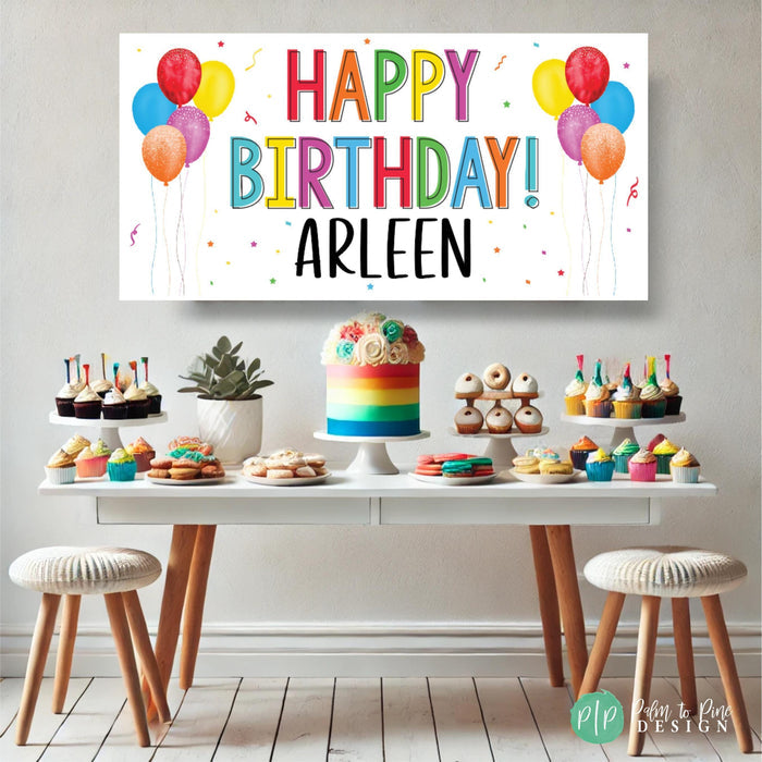 personalized birthday banner for adults or kids with a white background, rainbow words spelling out Happy Birthday, balloons and confetti!