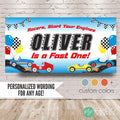 Race Car Birthday Banner in Vintage design with bright colors