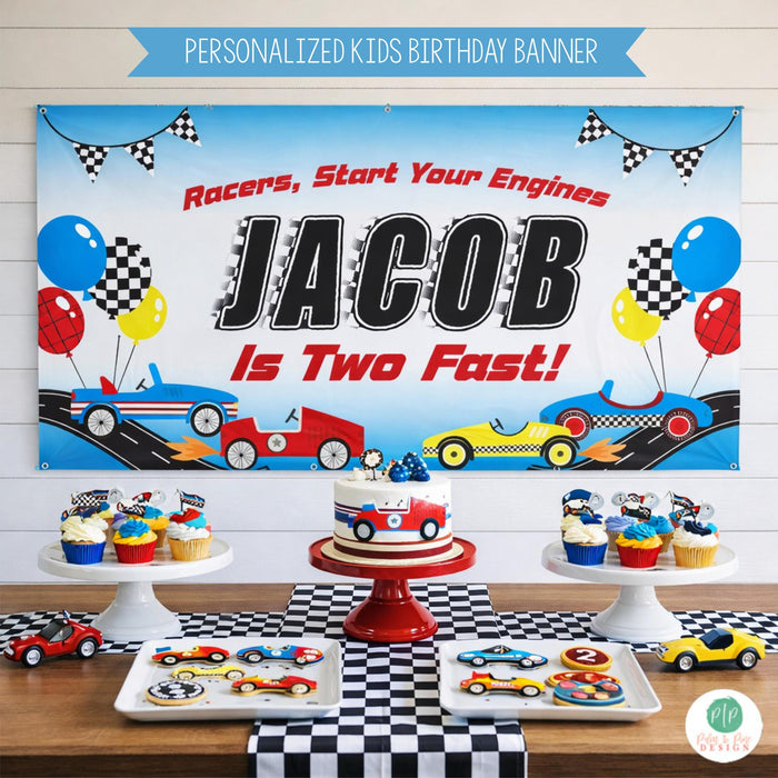 Vintage Racecar Birthday Party set up for boys in bright, primary color scheme