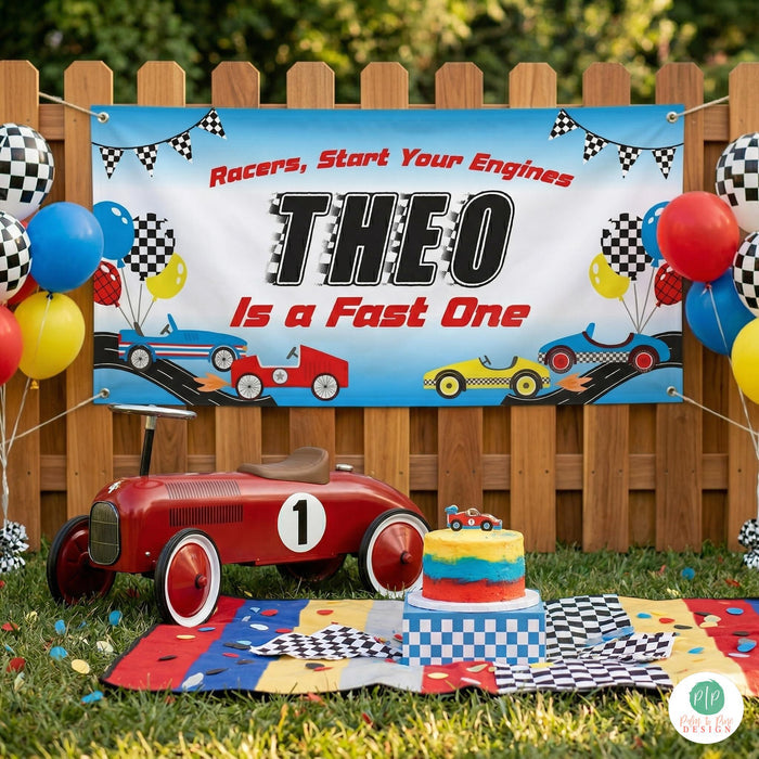 Fast One Vintage Race car cake smash photo shoot with personalized banner for first birthday
