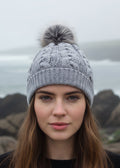 Aran Cable Knit Soft Gray Pom Pom Hat
