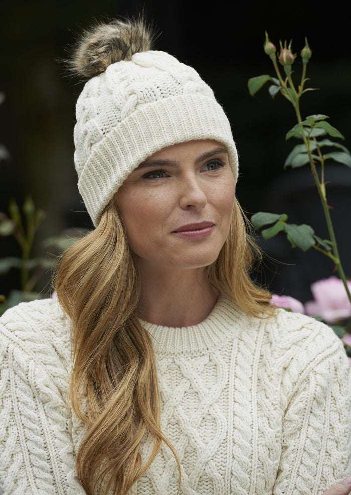 Aran Cable Knit Pom Pom Hat