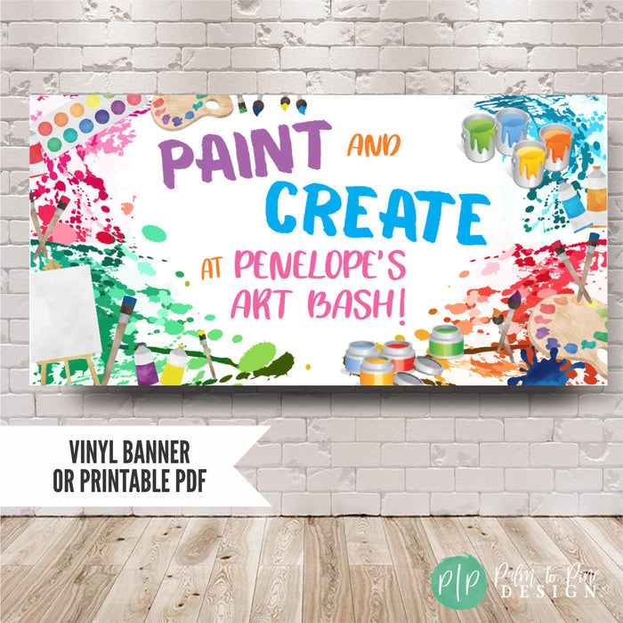 Personalized art party banner with paint inspired design displayed on a neutral wall
