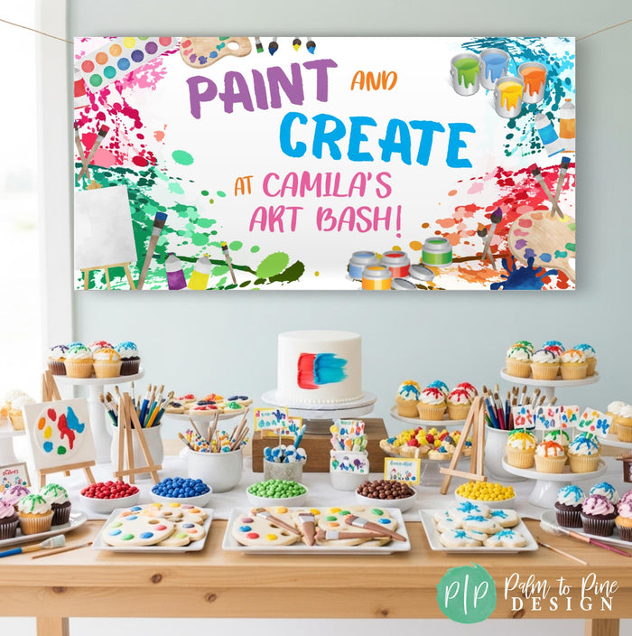 Girls art party birthday decorated with a personalized banner for a creative birthday celebration and painting themed desserts