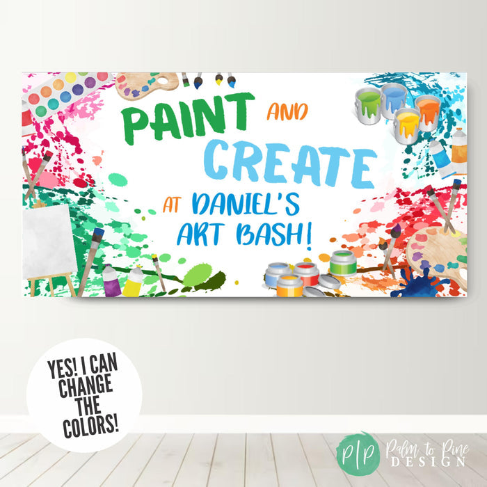 Boys paint party birthday banner customized with a child’s name and age shown on a clean wall