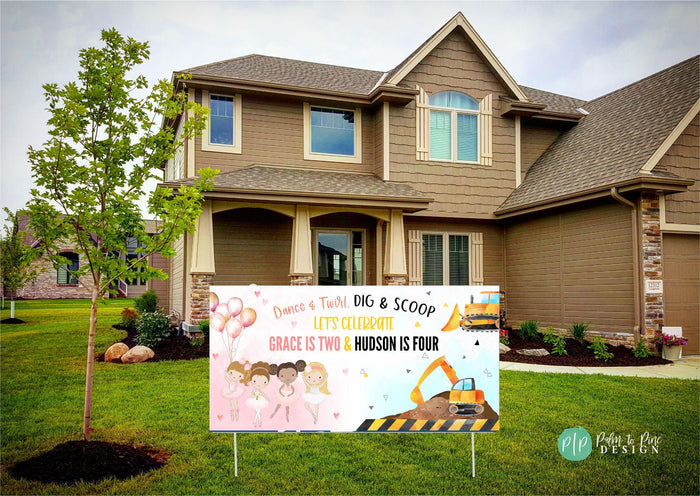 personalized construction and ballet birthday banner for joint birthday themed party