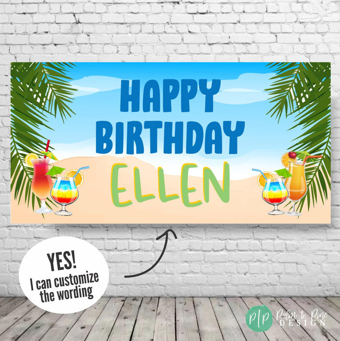 Tropical retirement party banner with palm leaves, beach background, and personalized message: Happy Retirement [Name]