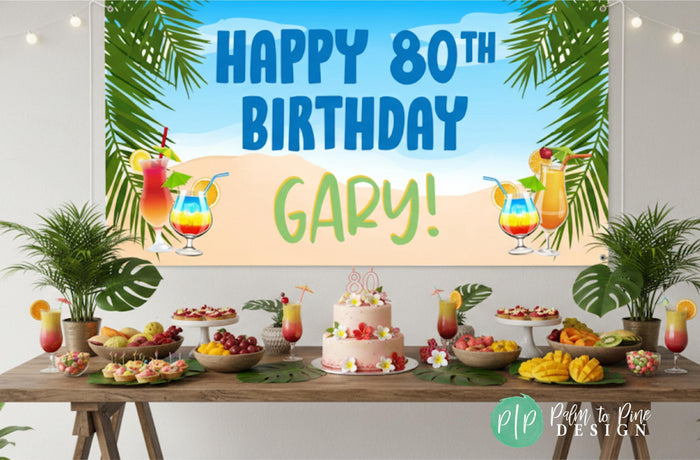A birthday party setup with a table filled with various desserts, including a cake, and a tropical-themed banner in the background.