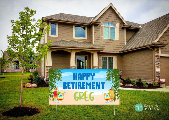 Personalized tropical retirement decor with palm fronds, ocean view, and cocktail illustrations reading Happy Retirement [Name]