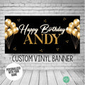 Black and gold personalized birthday banner with balloons