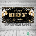 black and gold personalized retirement banner with balloons and confetti