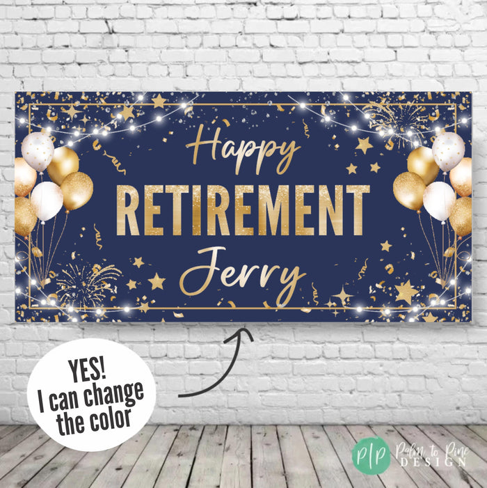 custom retirement banner with a navy blue background and white, gold and silver confetti, stars and balloons