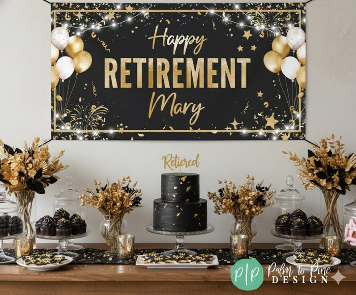 a festive retirement party setup with a banner that reads "Happy Retirement Mary". The table is decorated with gold and black elements, including balloons, flowers, and a cake. The overall theme appears to be a celebration of the retiree's milestone.