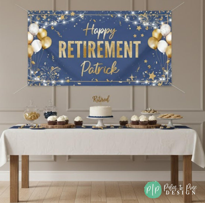 A banner that reads "Happy Retirement Patrick" is displayed on a wall above a table filled with desserts, including cupcakes and a cake.