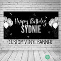 black and silver birthday banner with balloons for kids or adults birthday party decorations