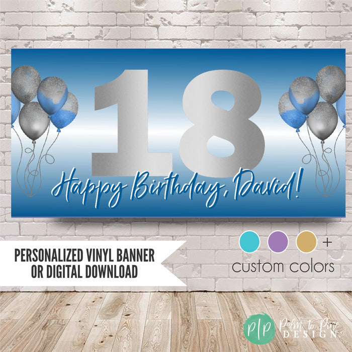 Personalized blue and silver happy birthday banner with name and age