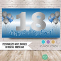 Personalized blue and silver happy birthday banner with name and age