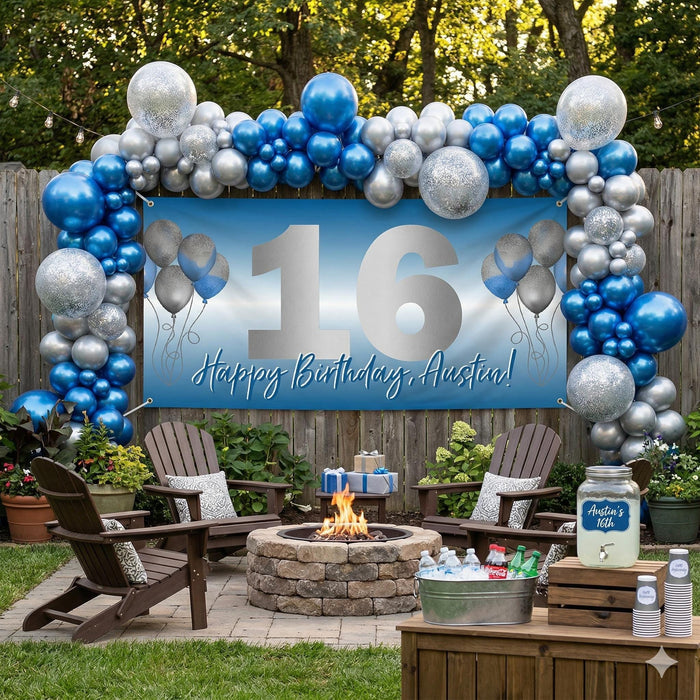 Custom teen boy birthday banner, personalized with name and age displayed at backyard birthday party with large balloon garland hung on fence