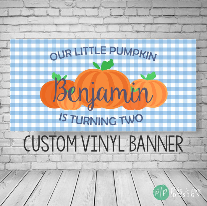 Blue Gingham Pumpkin Birthday Banner