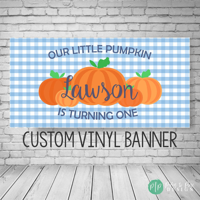 Blue Gingham Pumpkin Birthday Banner