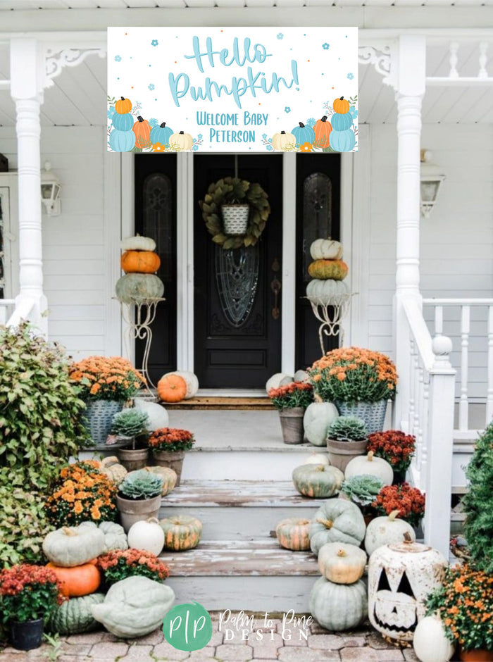 blue pumpkin baby shower front porch