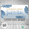 Elegant blue rose floral banner with soft blue and gold accents and congratulations with name wording for bridal shower