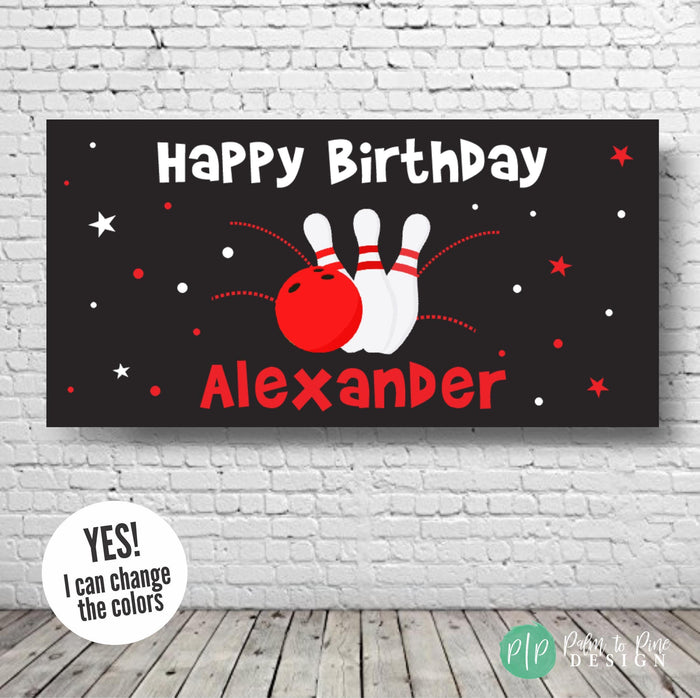 Custom kids bowling party banner with a personalized name in red, black and white