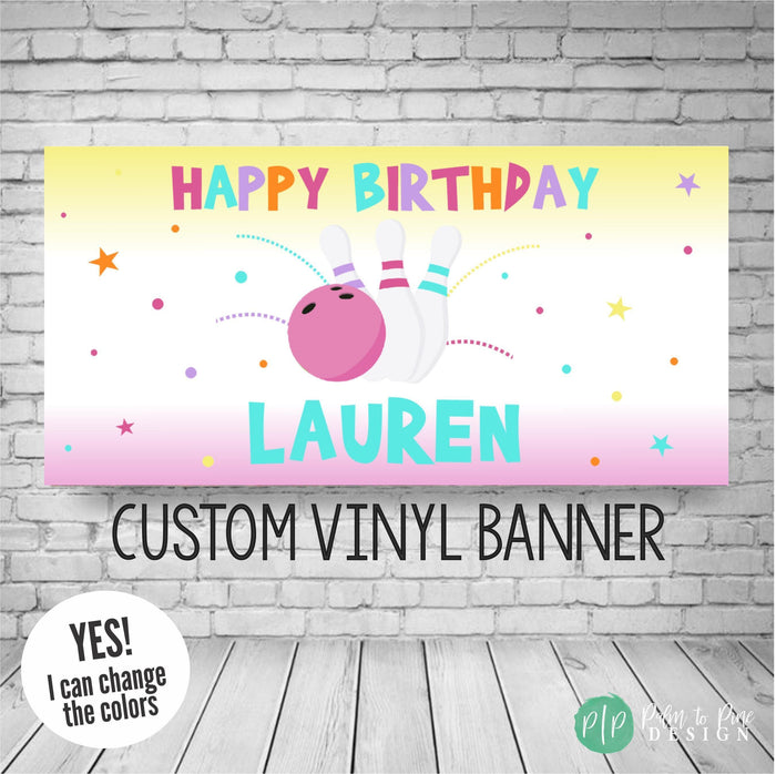 personalized bowling birthday banner with fun, bright feminine colors and a playful bowling design with stars and bowling pins