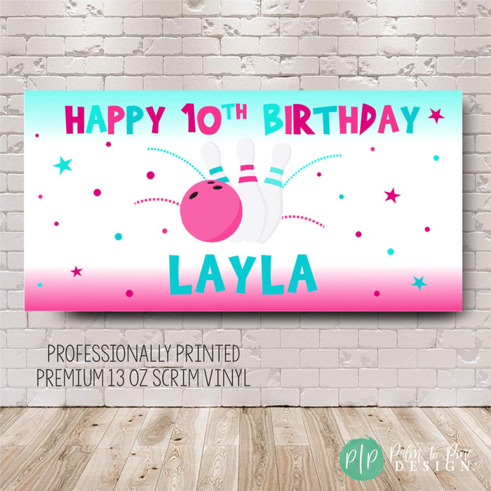 Bowling-themed birthday banner in pink and aqua blue colors for girls birthday party
