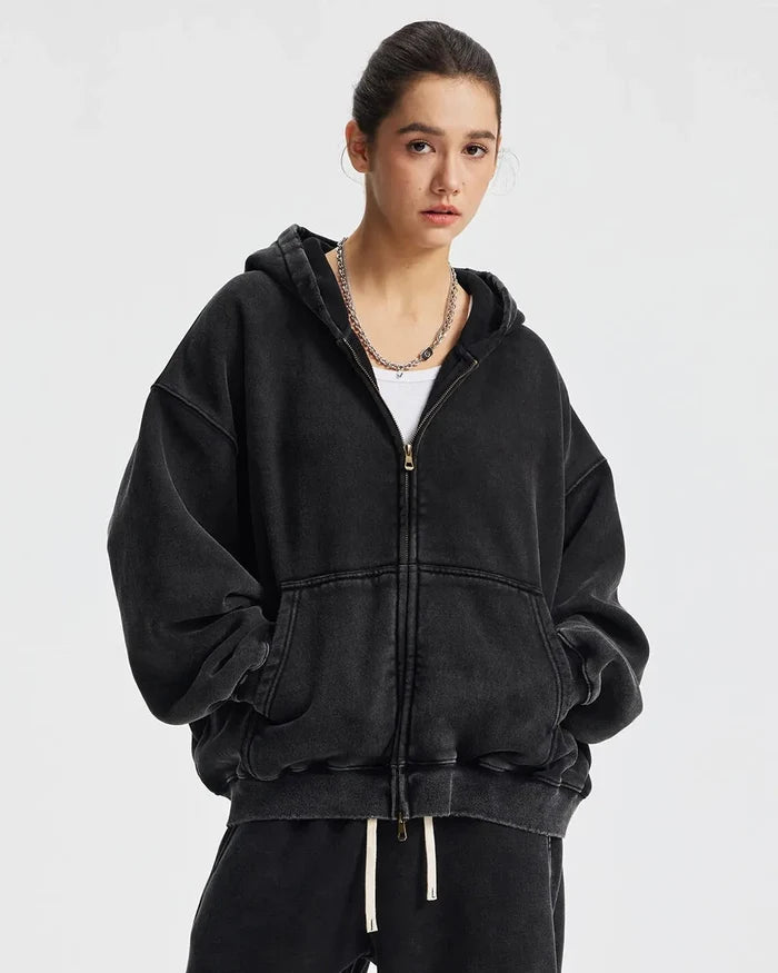 Boxy Fit Acid Washed Fleece Zip Up Hoodies | Inflation Streetwear