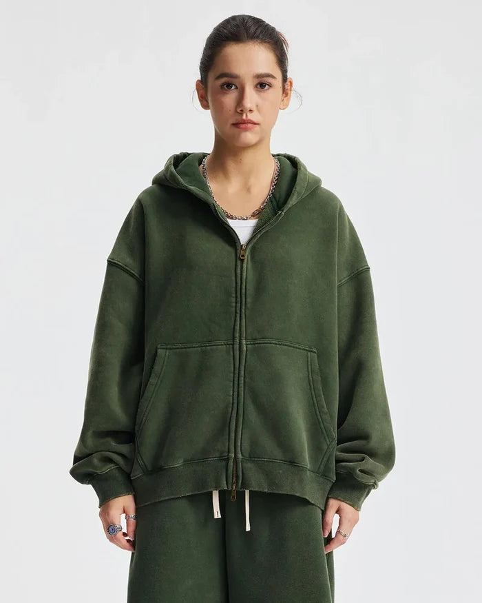 Boxy Fit Acid Washed Fleece Zip Up Hoodies | Inflation Streetwear