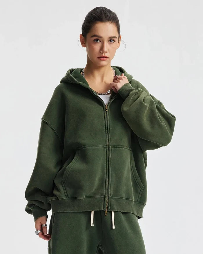 Boxy Fit Acid Washed Fleece Zip Up Hoodies | Inflation Streetwear