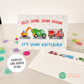 Things that Go Transportation Birthday Card for boys, with watercolor vehicles and primary color triangles