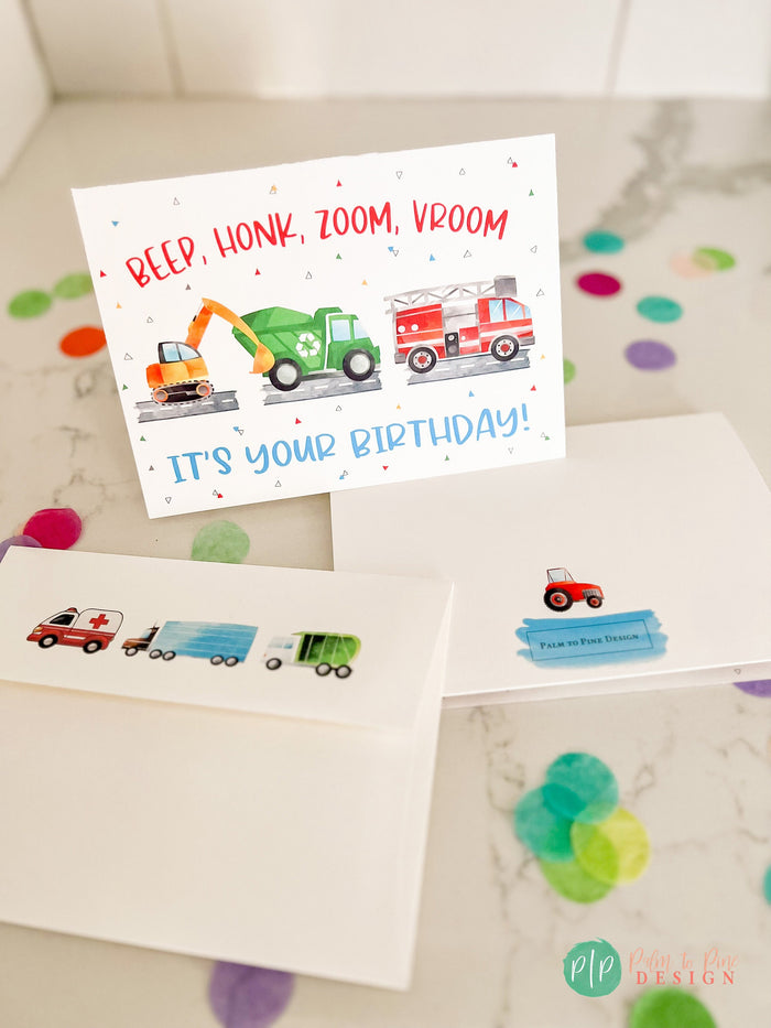 Beep, Honk, Zoom, Vroom birthday greeting card with transportation vehicles