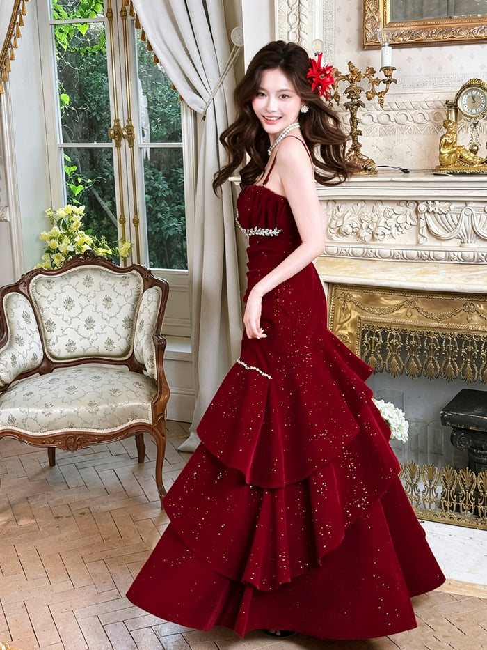 Burgundy Velvet Long Mermaid Prom Dresses, Wine Red Long Fomal Graduation Dresses