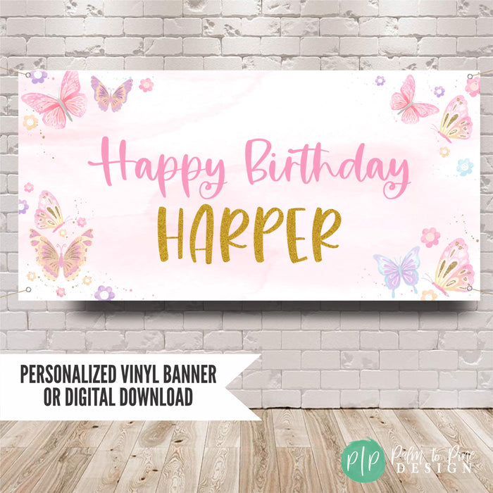 pink watercolor butterfly birthday banner with personalized name