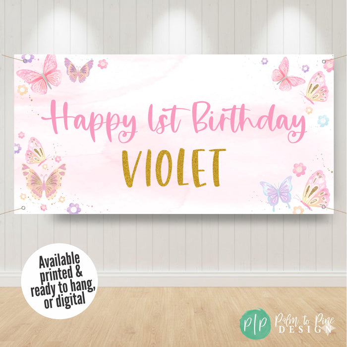Pink watercolor butterfly banner with whimsical design for a girl’s birthday celebration