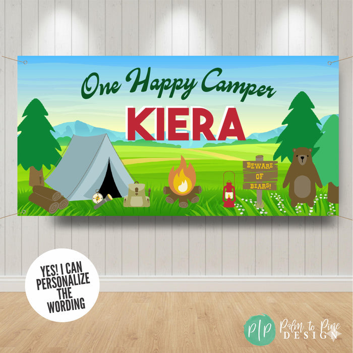 One Happy Camper first birthday banner personalized with name
