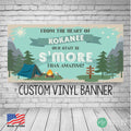 teacher appreciation personalized vinyl banner with an outdoor camping theme and s'mores vibe